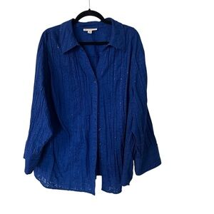 JM Collection Woman Royal Blue V-Neck Button Up Long Sleeve Blouse Sz 24W GUC